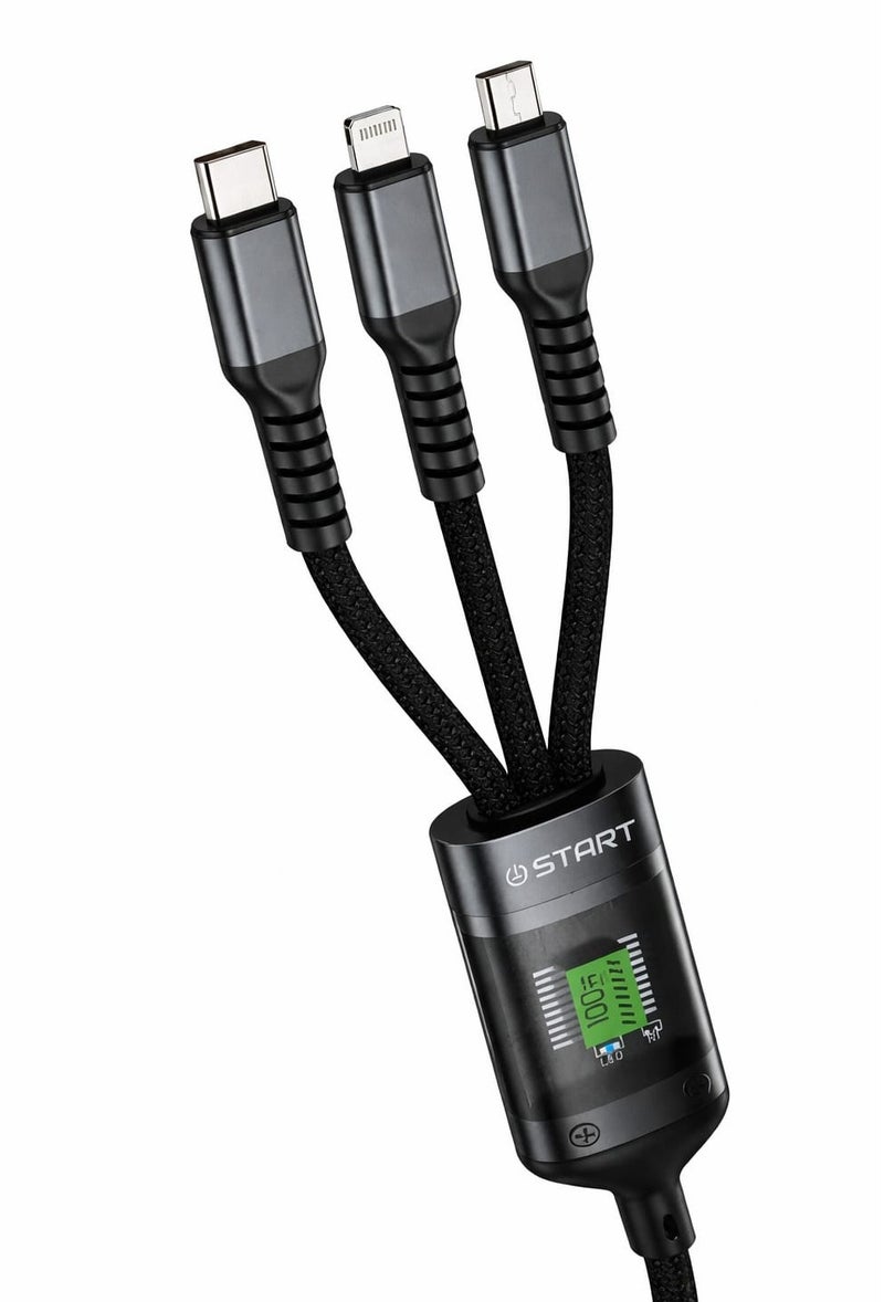 ستارت كابل شحن سريع 3 في 1 بقدرة 100 واط – تايب سي + لايتنينج + مايكرو USB – سلك مجدول متين مع شاشة عرض وLED – طول 1 متر - Image 4